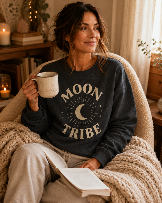 Moon Tribe Crewneck Sweatshirt — Celestial Moon Graphic Pullover - Jewel Tones