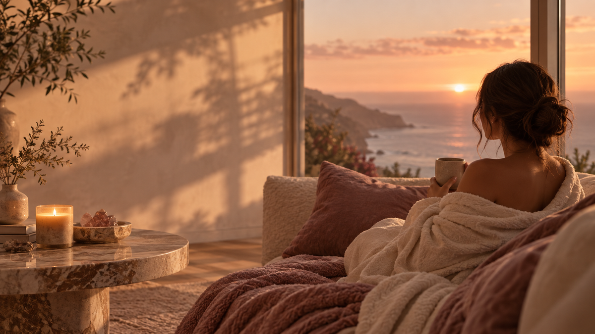 Woman wrapped in a cozy blanket holding a warm mug, watching the sunset over the ocean from a window with a candle lit beside her