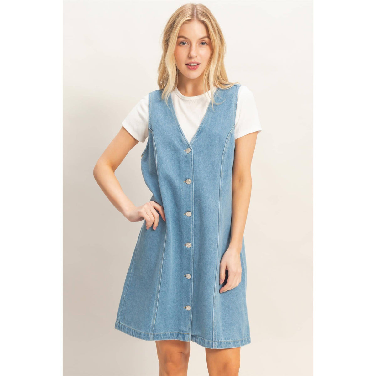 V-Neck Button-Front Denim Dress