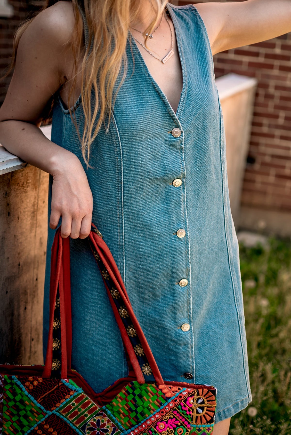 V-Neck Button-Front Denim Dress